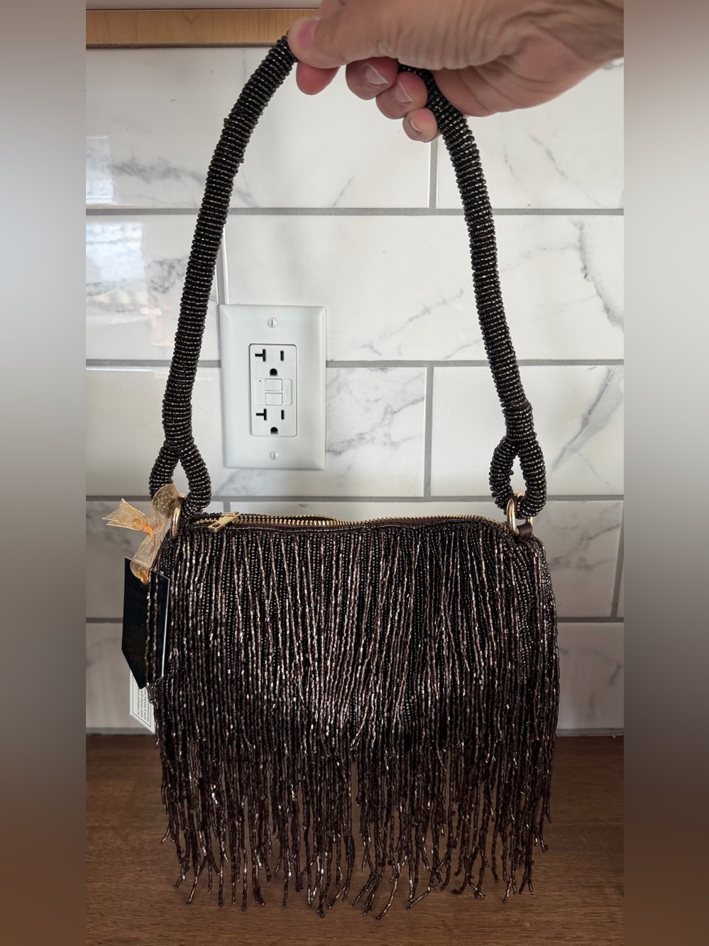 Beaded Fringe Shoulder Bag - Metallic Brown